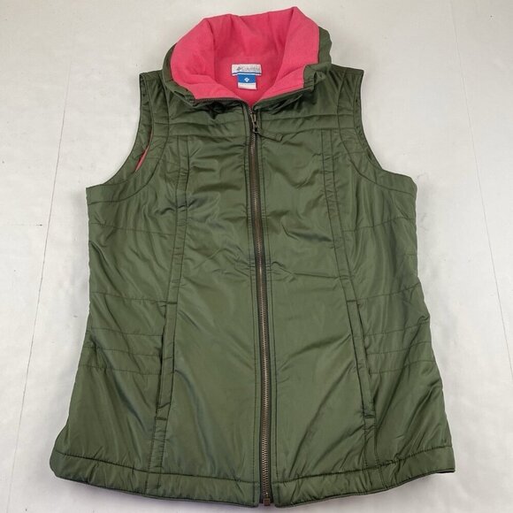 Columbia Vest Jacket Women’s S Green Shell Pink Fleece Lined Full Zip Insulated - Picture 1 of 9
